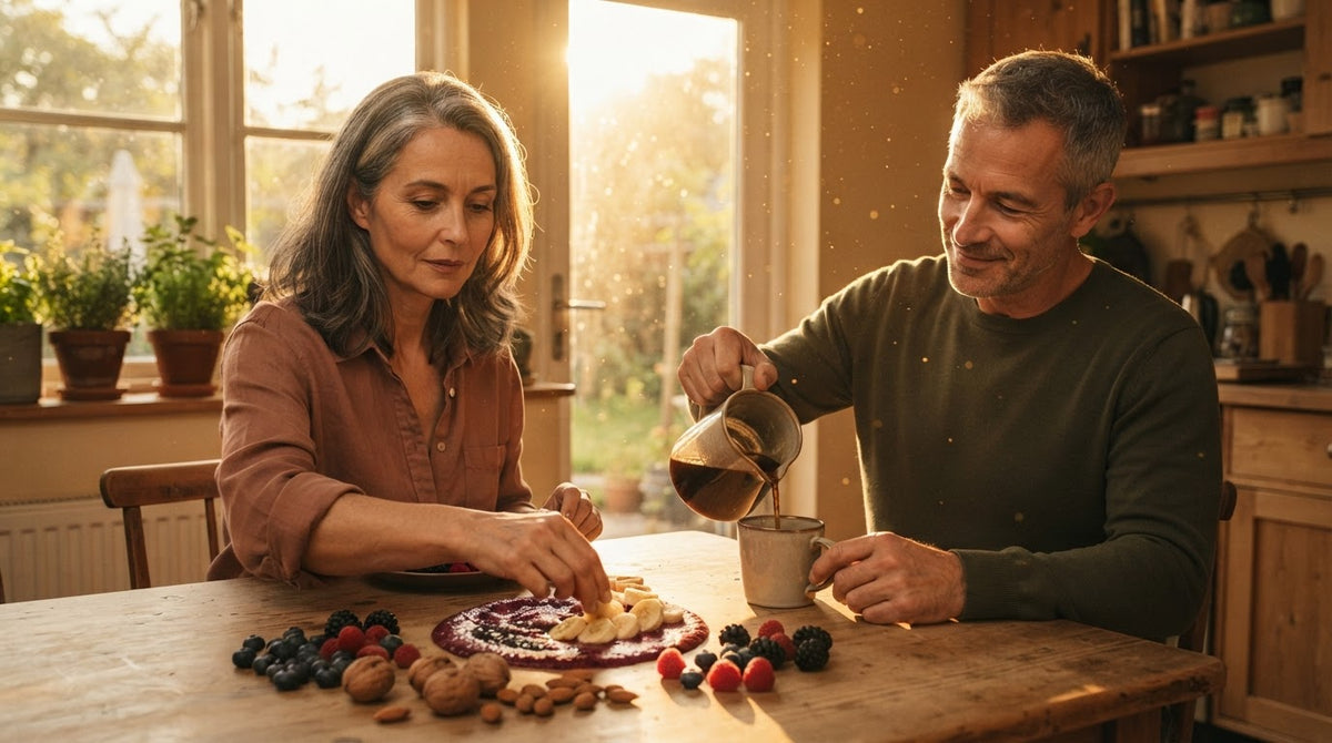 Frau um die 50 bereitet am Frühstückstisch eine Schale mit Beerenpüree und Obst zu, gegenüber schenkt ihr Partner Kaffee ein