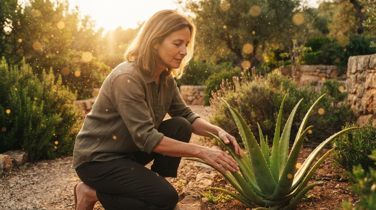 Frau um die 50 kniet in einem sonnigen Garten neben einer großen Aloe-Vera-Pflanze