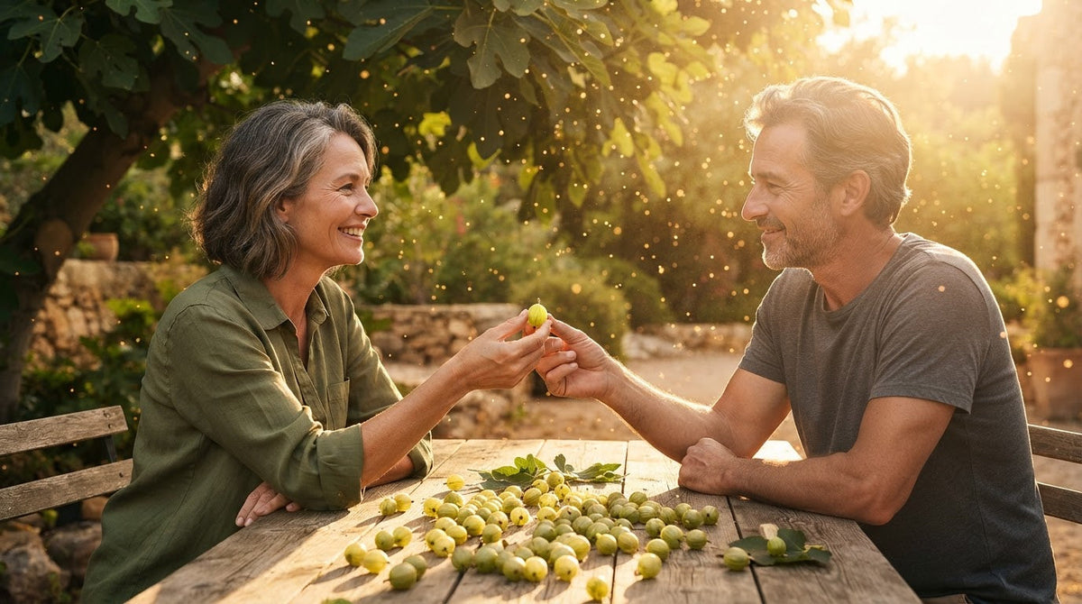 Frau und Mann um die 50 teilen an einem Sommernachmittag im Schatten eines Feigenbaums eine Schale frischer Stachelbeeren