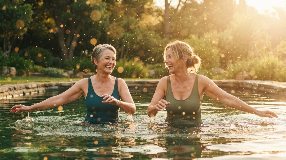 Zwei Frauen um die 50 machen an einem Sommermorgen im Freibad gemeinsam Wassergymnastik