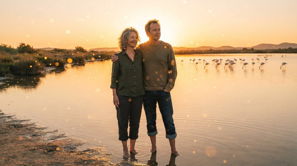 Frau und Mann um die 50 stehen bei Sonnenaufgang am Ufer einer Lagune und beobachten Flamingos