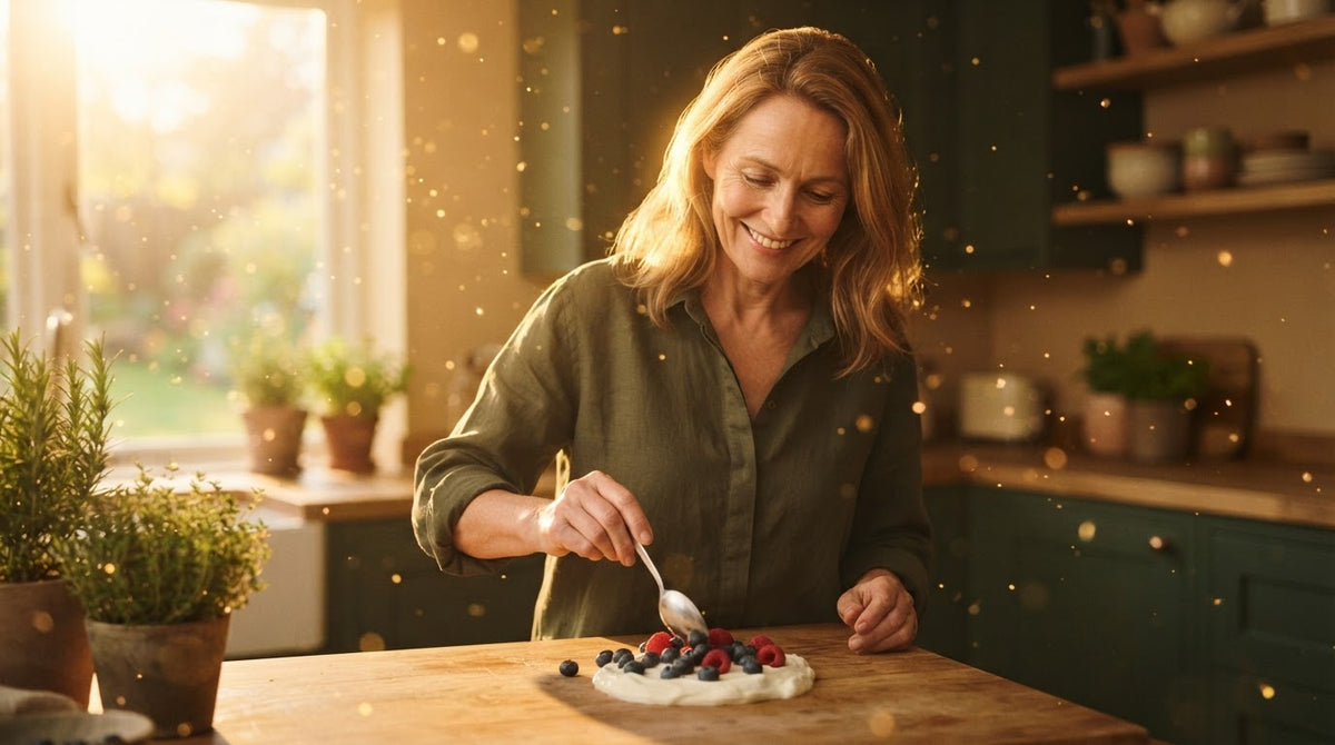 Frau um die 50 bereitet an einem Frühlingsmorgen in der Küche Naturjoghurt mit frischen Beeren zu