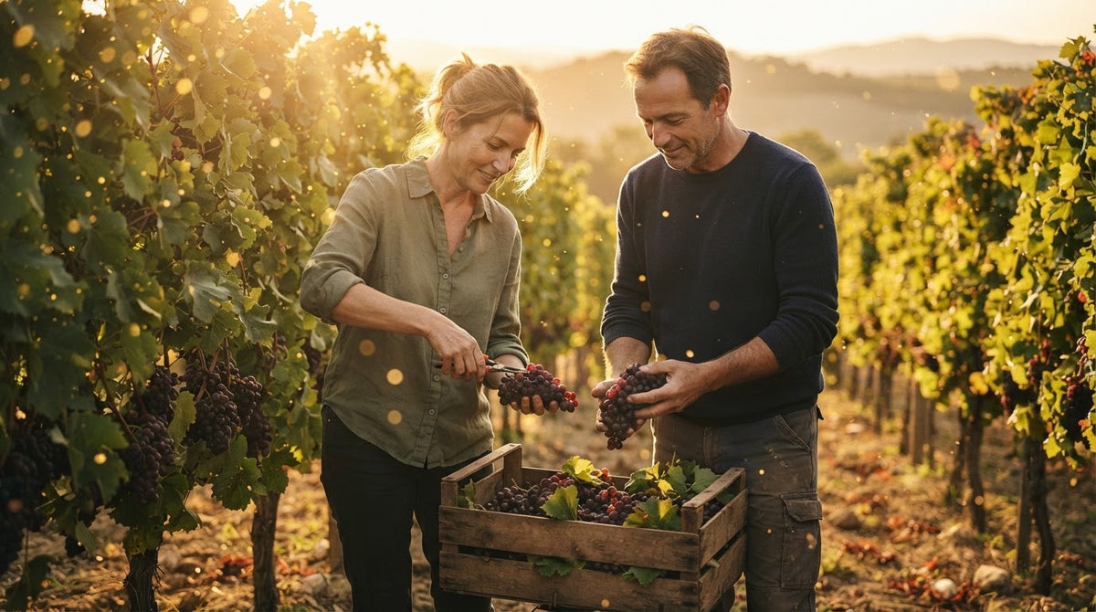 Frau und Mann um die 50 lesen an einem Herbstnachmittag im Weinberg dunkle Trauben