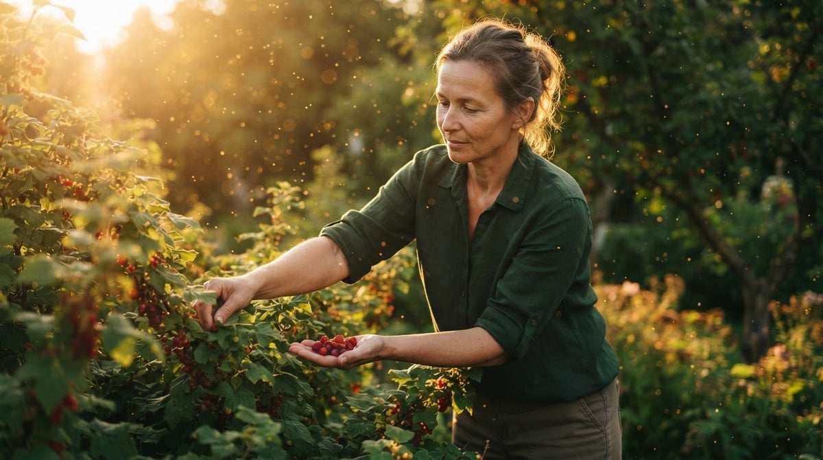 Frau um die 50 pflückt im Garten reife rote Beeren von einem Strauch