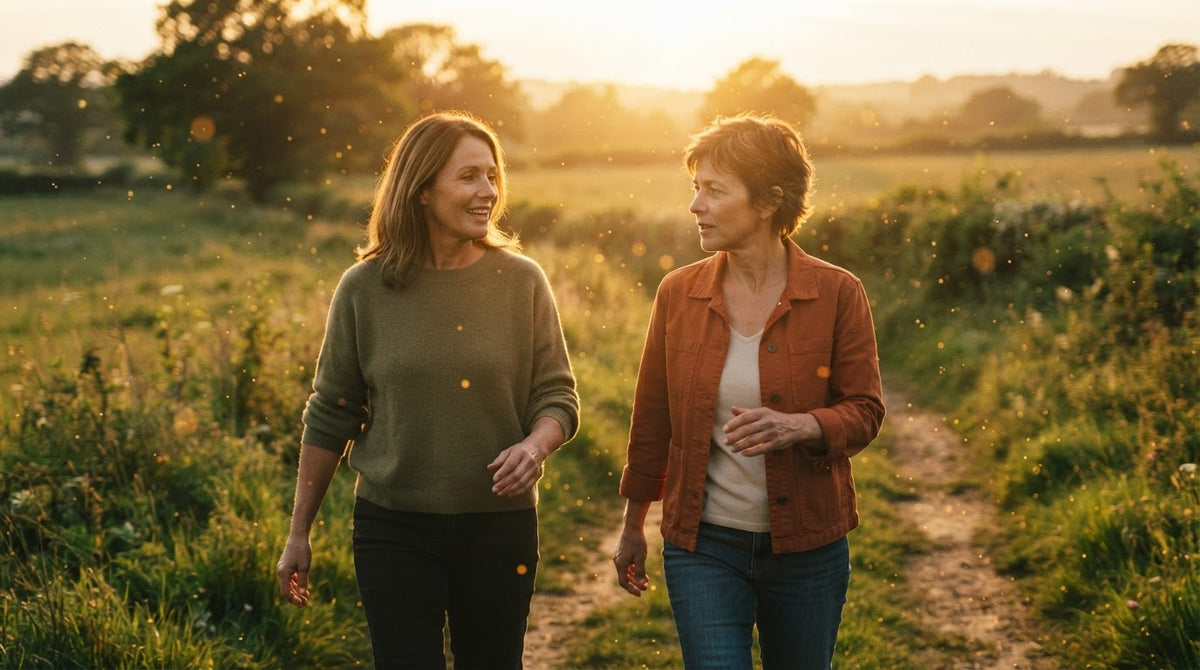 Zwei Frauen um die 50 gehen zügig und im Gespräch einen Feldweg entlang