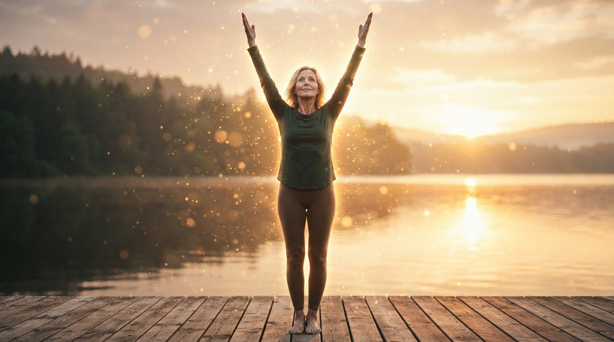 Frau um die 50 macht bei Sonnenaufgang auf einem Holzsteg am See eine ruhige Yoga-Dehnung