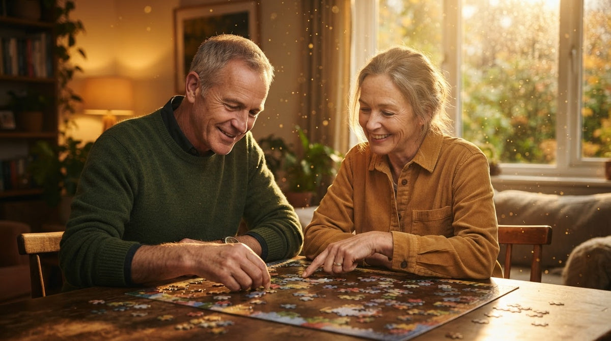 Mann um die 55 legt mit seiner Partnerin an einem Herbstnachmittag ein großes Puzzle