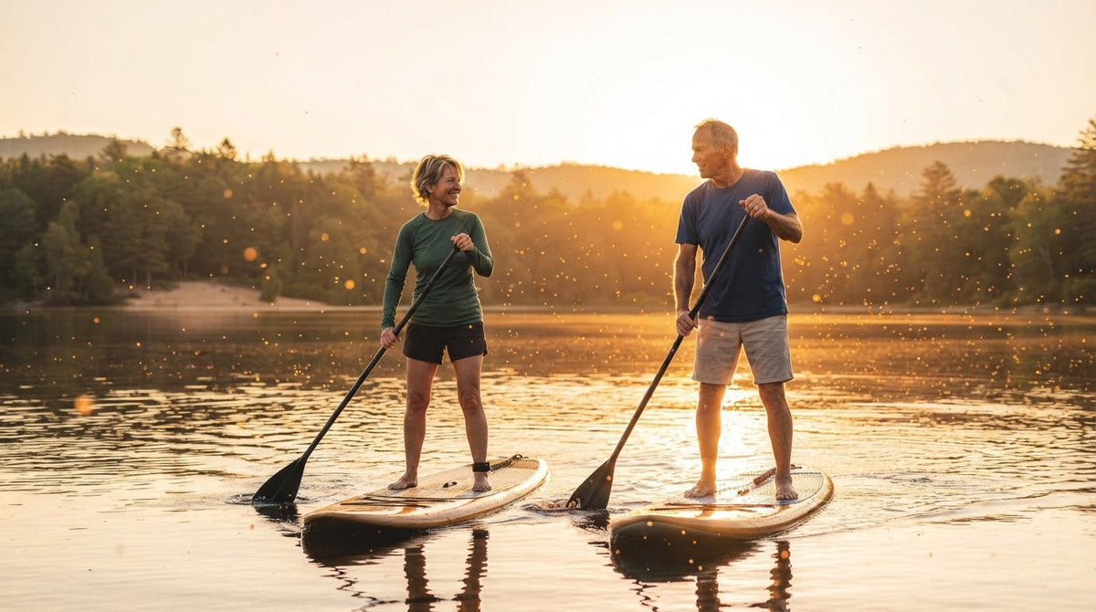 Frau und Mann um die 50 fahren an einem Sommermorgen nebeneinander Stand-up-Paddle auf einem See