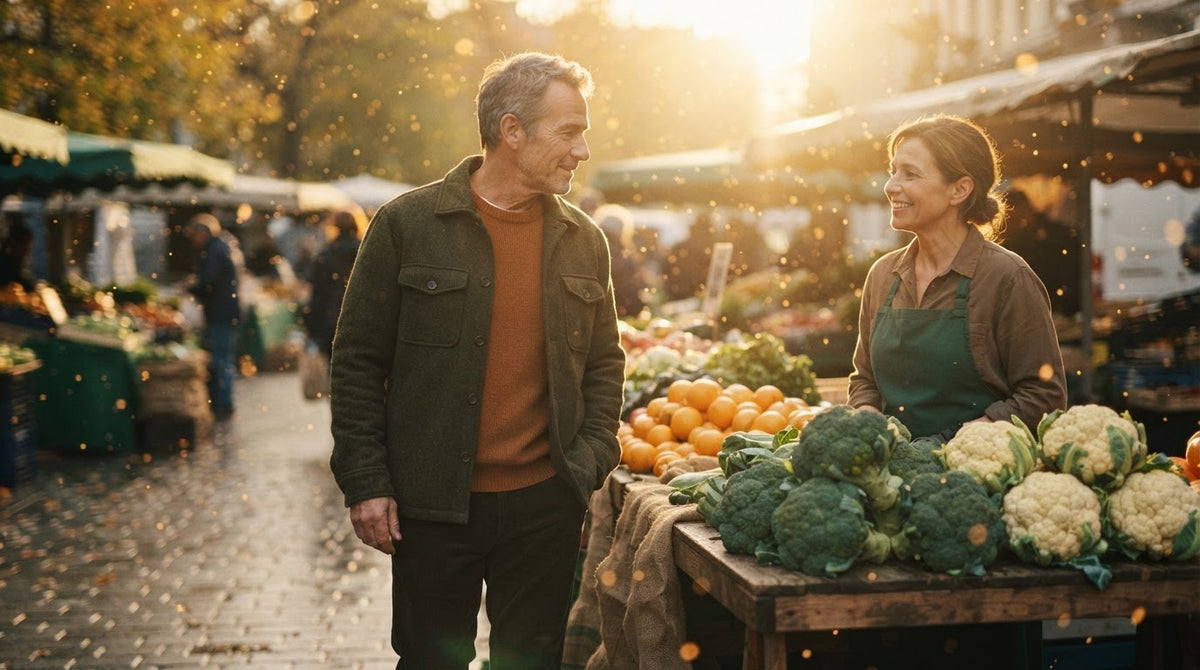 Mann um die 55 an einem Herbstmorgen auf dem Wochenmarkt an einem Stand mit frischem Gemüse
