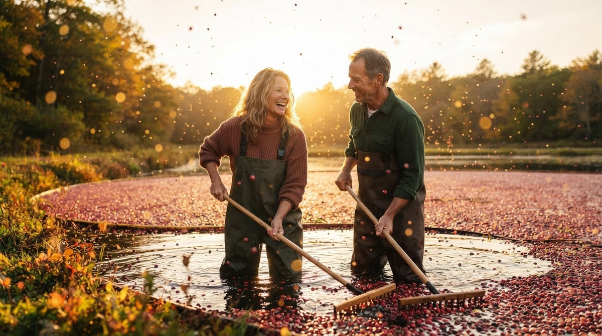Frau und Mann um die 50 stehen an einem Herbsttag bei der Cranberry-Ernte im gefluteten Moorbeet