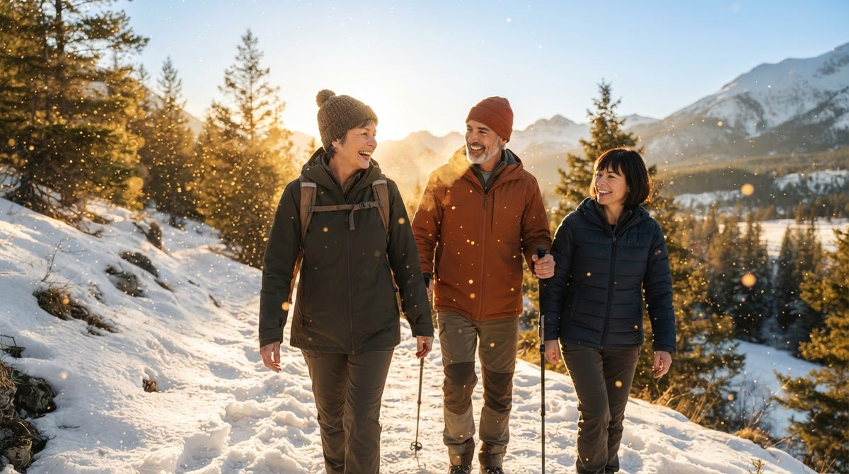 Drei Freunde um die 50 wandern an einem klaren Wintertag einen sonnigen, verschneiten Hang hinauf
