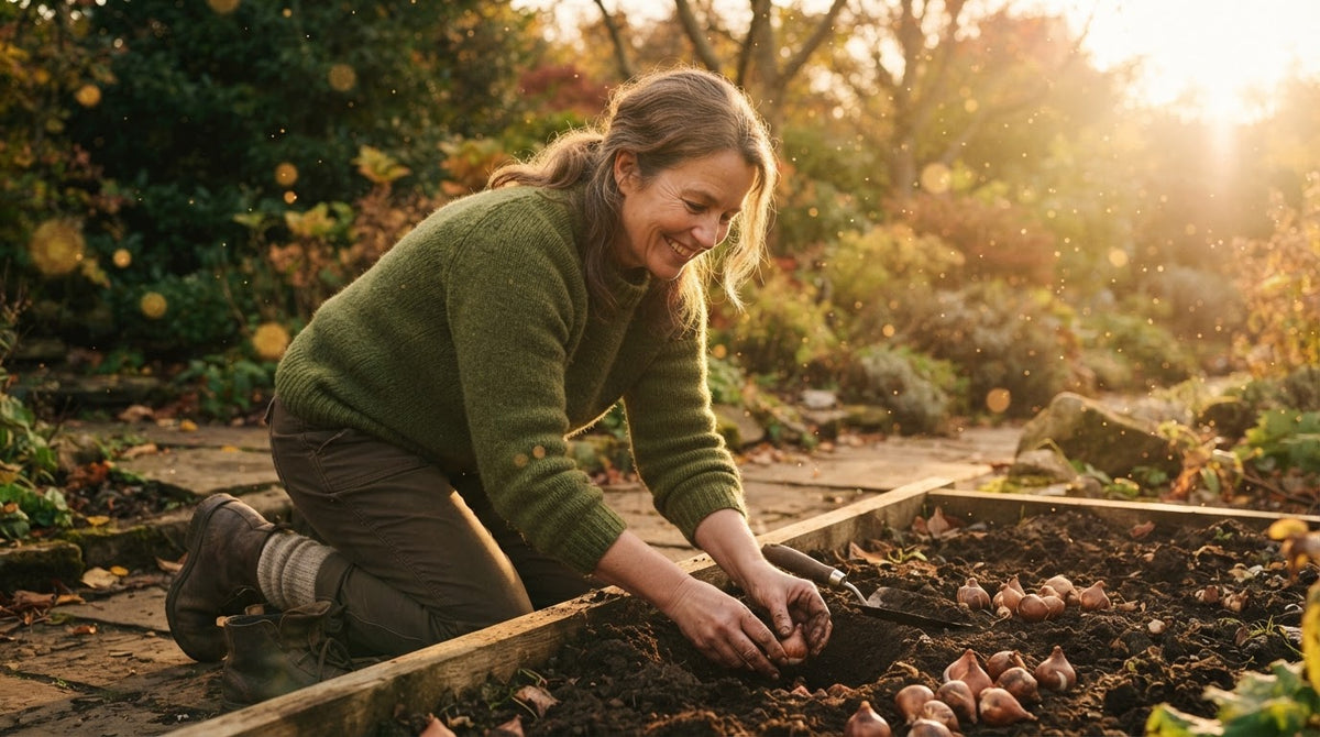 Frau um die 50 in dickem Strickpullover setzt an einem kühlen Herbsttag Tulpenzwiebeln ins Beet