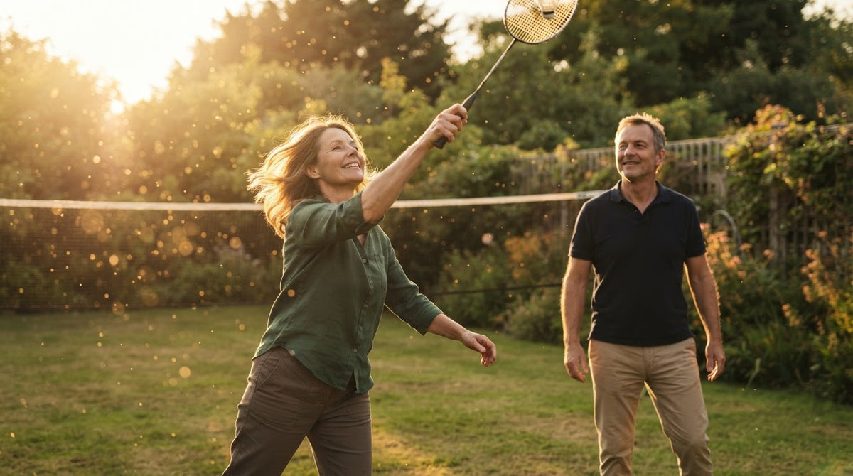Frau um die 50 und Mann um die 55 spielen an einem Sommerabend im Garten Federball
