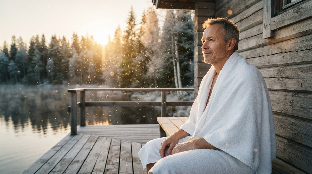 Mann um die 55 sitzt an einem frostigen Wintermorgen in ein Handtuch gehüllt vor einer Sauna am See
