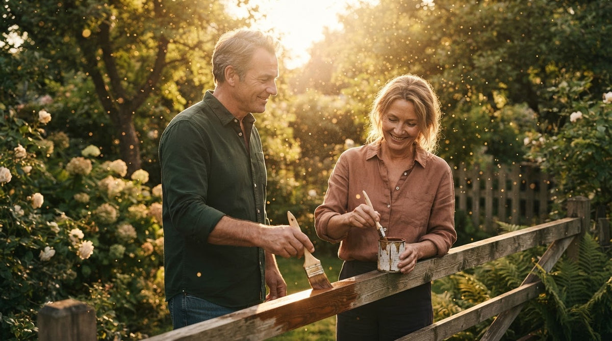 Mann und Frau um die 50 streichen an einem warmen Frühsommernachmittag gemeinsam ihren Gartenzaun