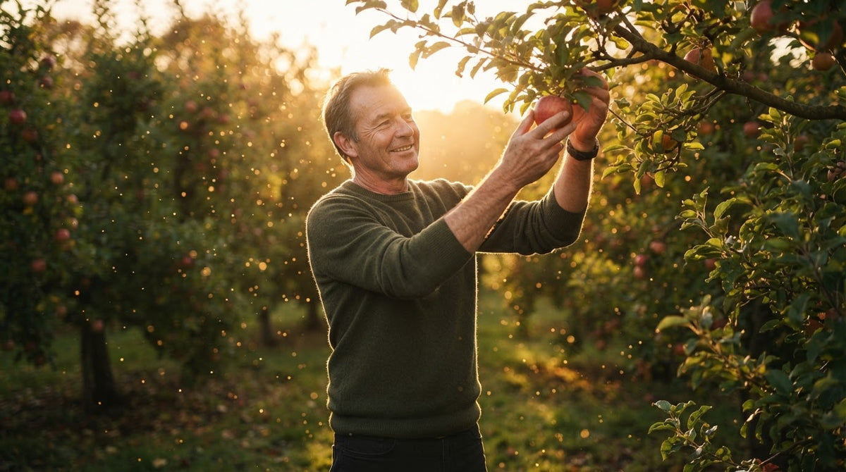Mann um die 55 pflückt an einem goldenen Herbstnachmittag einen Apfel vom Baum