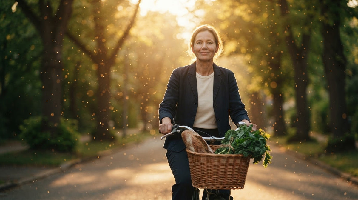 Frau um die 50 fährt an einem Frühlingsmorgen mit Vollkornbrot im Fahrradkorb nach Hause