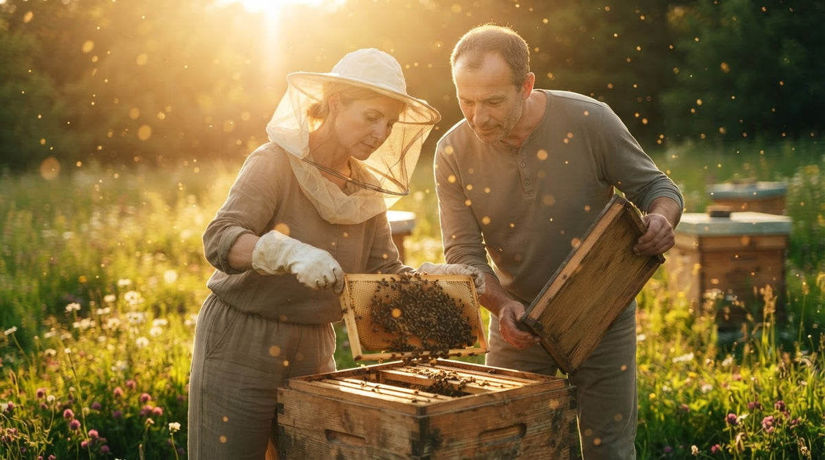 Frau um die 50 hebt mit Imkerschleier eine Wabe aus dem Bienenstock, ein Mann um die 55 schaut mit