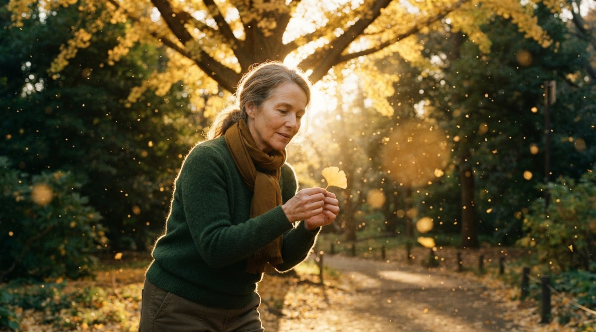 Frau um die 55 hebt an einem sonnigen Herbsttag unter einem Ginkgobaum ein goldenes Blatt auf