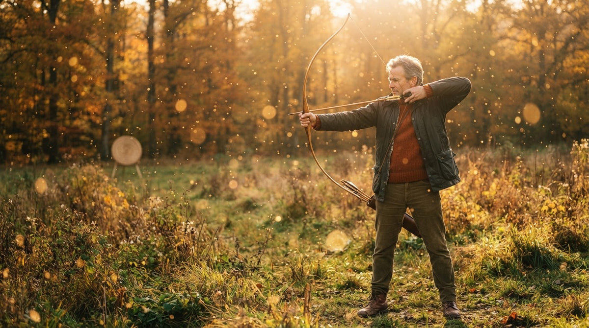 Mann um die 55 spannt an einem klaren Herbstmorgen auf einer Wiese konzentriert einen Holzbogen