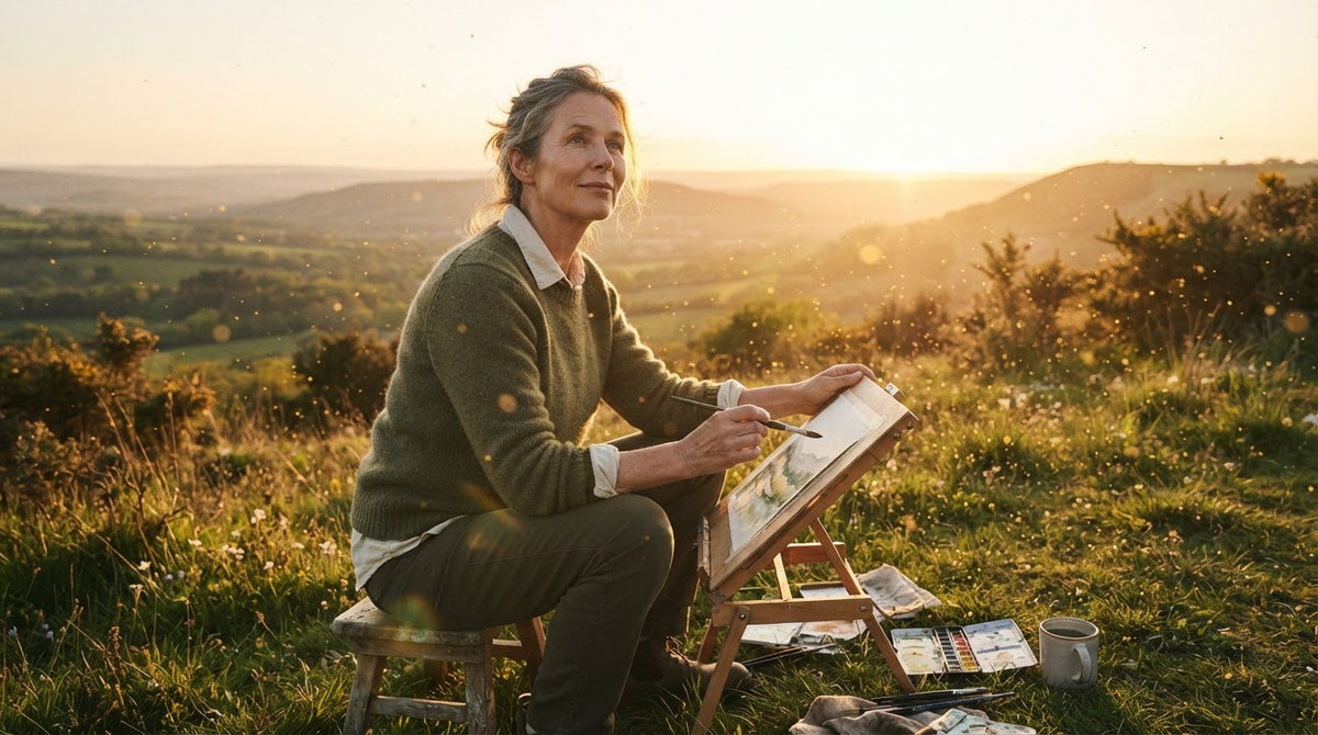 Frau um die 50 malt an einem klaren Frühlingsmorgen auf einem Hügel ein Aquarell und blickt über das Tal