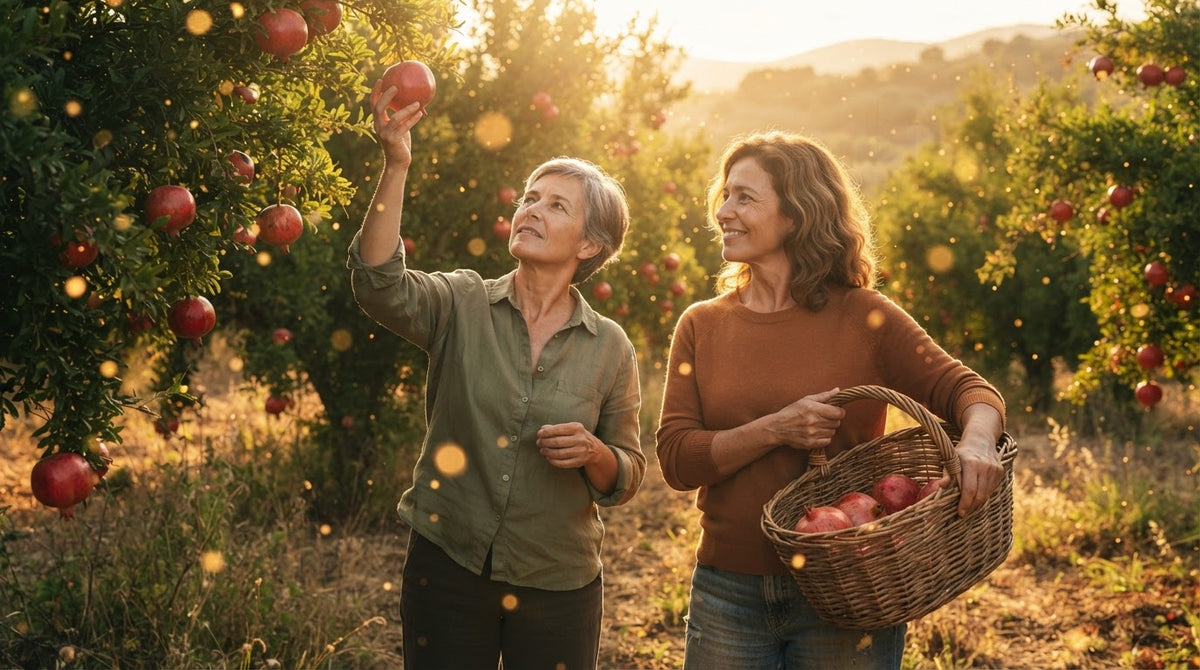 Zwei Frauen um die 50 ernten an einem Herbstmorgen reife Granatäpfel vom Baum