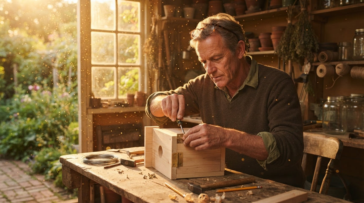 Mann um die 50 baut konzentriert an einem Vogelhaus in einer sonnigen Gartenwerkstatt