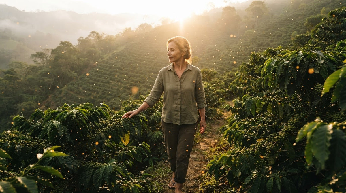 Frau um die 50 geht an einem nebligen Morgen durch eine Kaffeeplantage am Hang und berührt einen Zweig mit grünen Kaffeekirschen