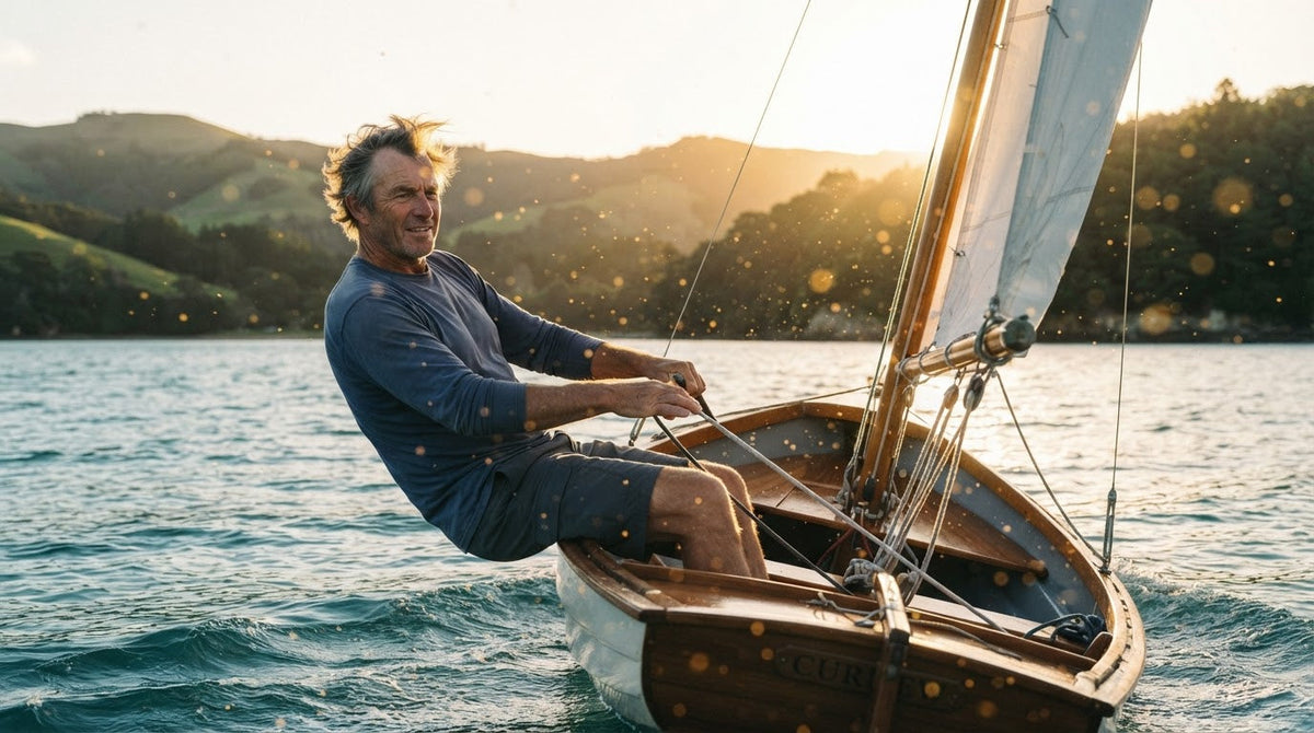 Mann um die 55 segelt an einem windigen Sommertag mit einer kleinen Jolle über eine Bucht