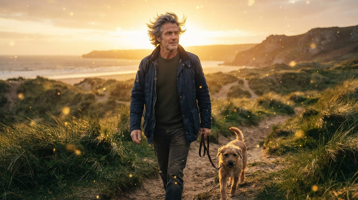 Mann um die 50 mit grau meliertem Haar geht mit seinem Hund über einen windigen Dünenweg