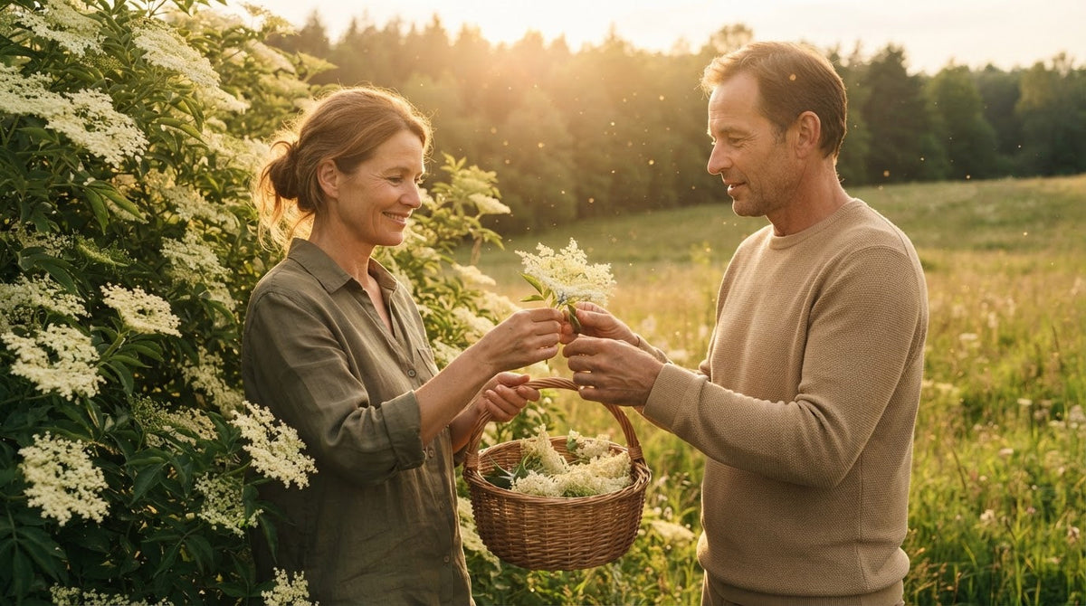 Frau und Mann um die 50 pflücken an einem Frühsommermorgen Holunderblüten am Wiesenrand