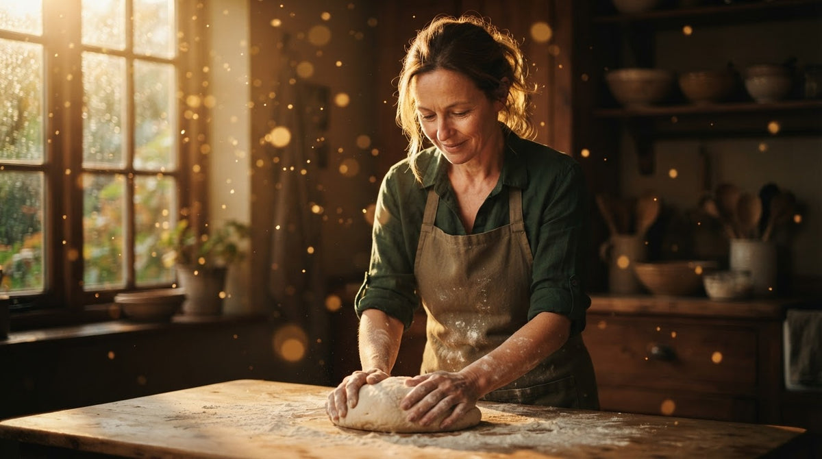 Frau um die 50 knetet an einem Herbstnachmittag Brotteig auf einem Holztisch