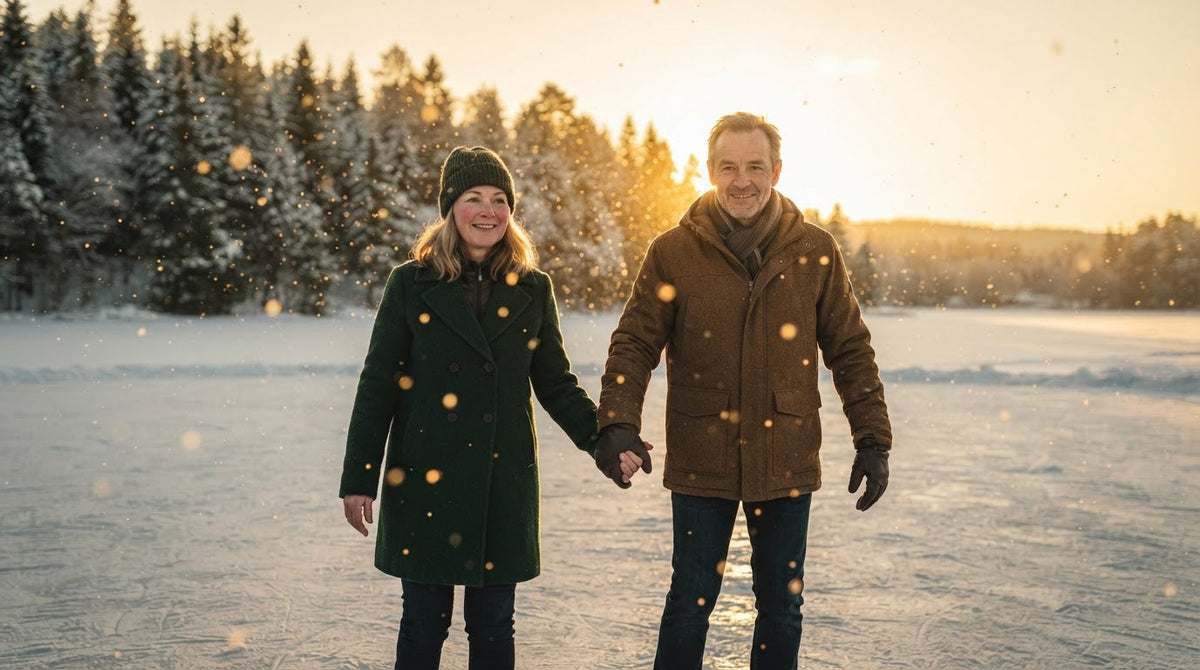 Frau und Mann um die 55 laufen an einem sonnigen Wintertag Hand in Hand Schlittschuh auf einem zugefrorenen See