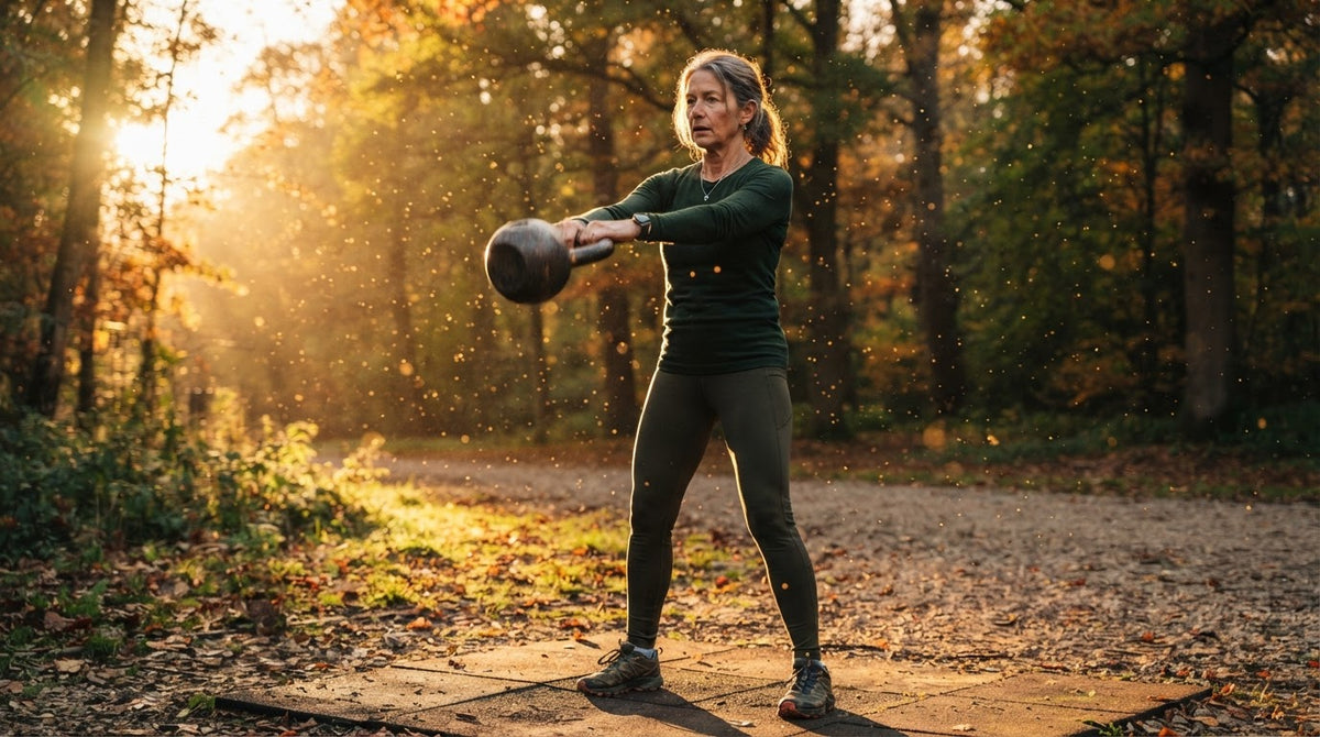 Frau um die 55 trainiert an einem Herbstmorgen im Park mit einer Kettlebell