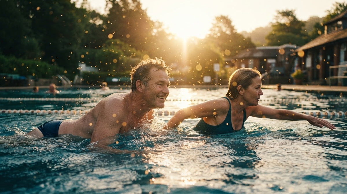 Mann und Frau um die 55 schwimmen an einem Sommermorgen nebeneinander im Freibad
