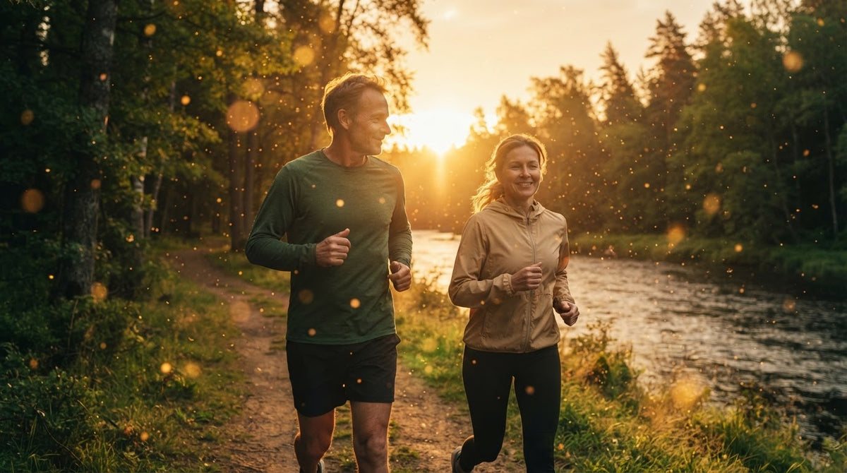 Paar um die 50 joggt bei Sonnenaufgang nebeneinander am Fluss entlang