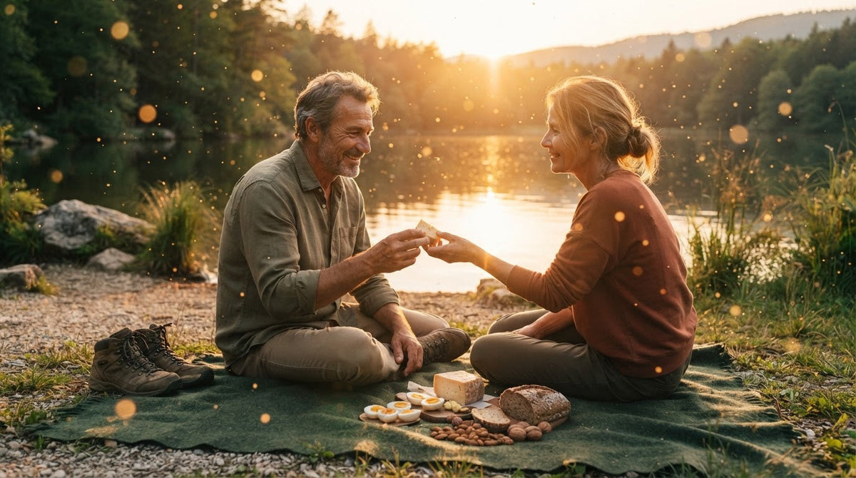 Mann und Frau um die 50 machen nach einer Wanderung am See Picknick mit Käse, Eiern, Brot und Nüssen