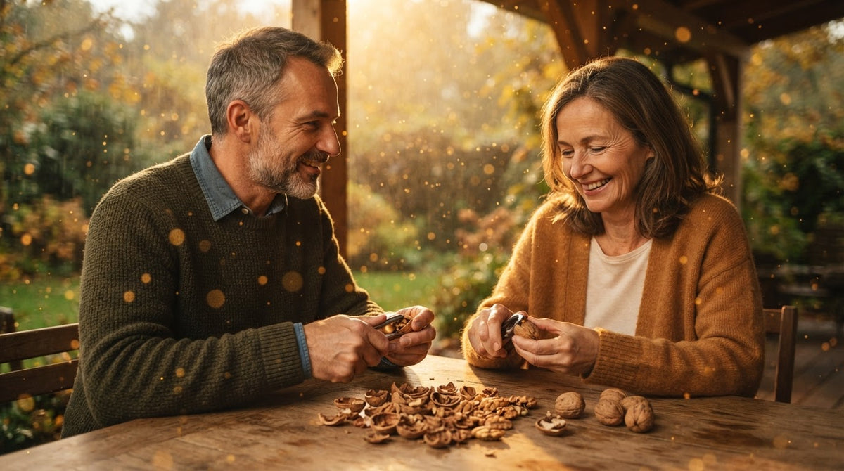 Mann und Frau um die 50 knacken an einem Herbstnachmittag auf der überdachten Veranda frische Walnüsse