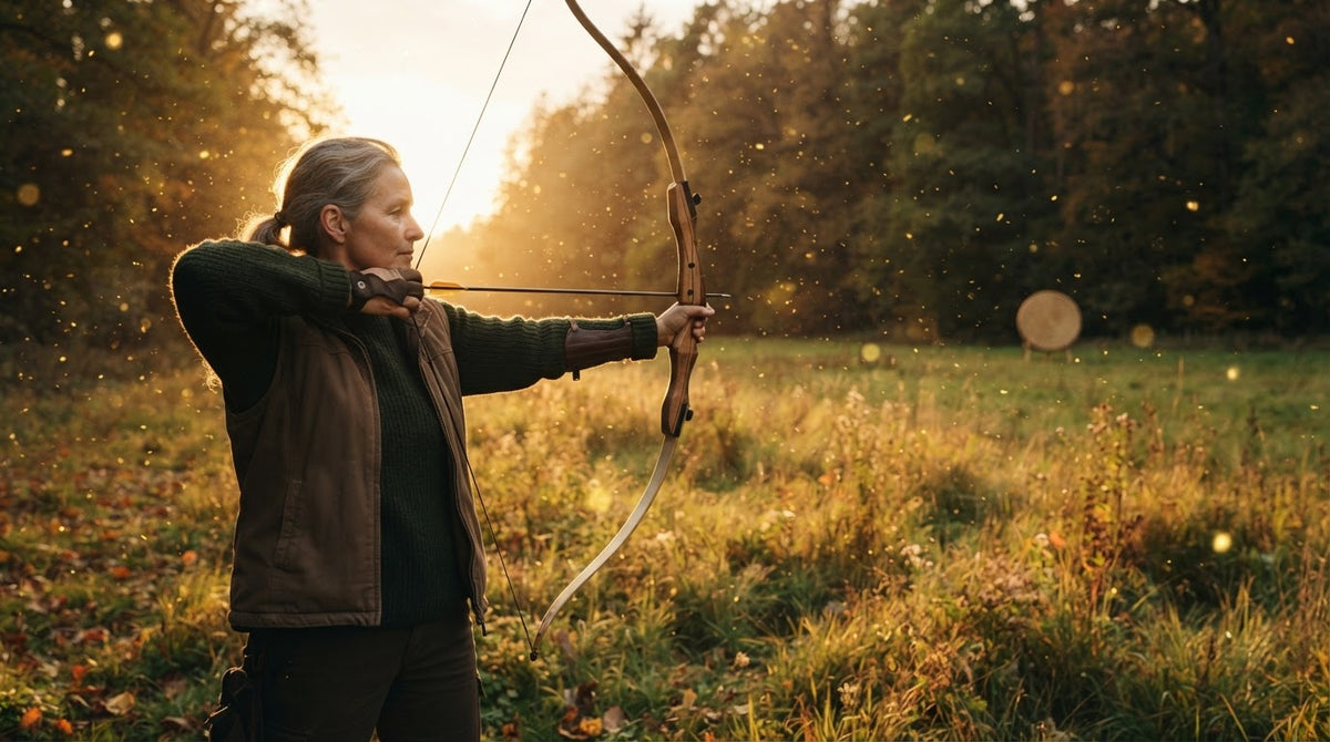 Frau um die 55 spannt an einem Herbstnachmittag auf einer Wiese konzentriert einen Bogen
