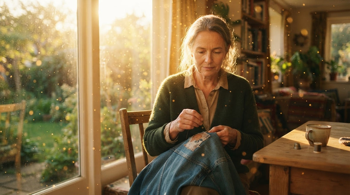 Frau um die 55 fädelt am hellen Fenster eine Nadel ein und näht einen Flicken auf eine Jeansjacke