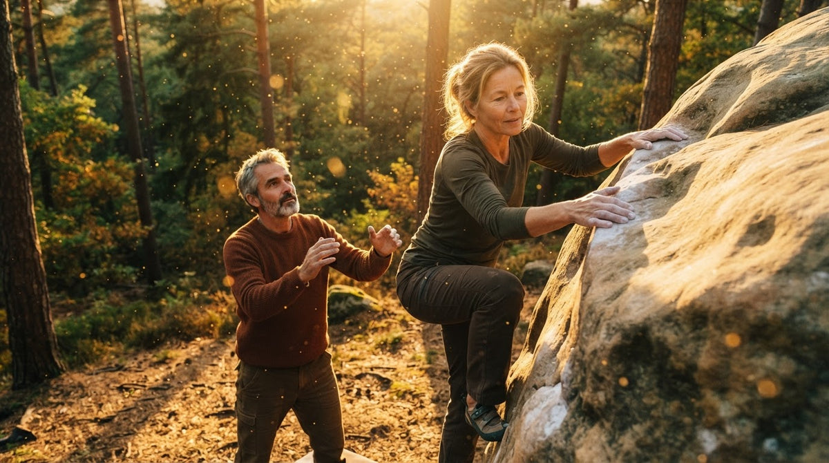Frau um die 50 klettert an einem Sandsteinfelsen im Wald, ein Mann um die 55 sichert sie von unten