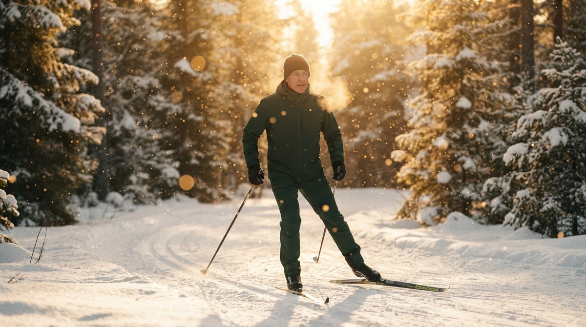 Mann um die 55 fährt an einem Wintermorgen Langlauf durch einen verschneiten Wald