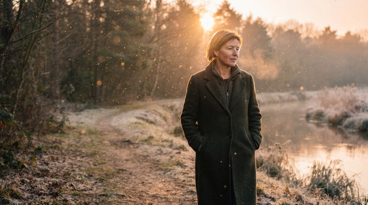 Frau um die 50 geht an einem stillen Wintermorgen bei Sonnenaufgang allein einen frostigen Uferweg entlang