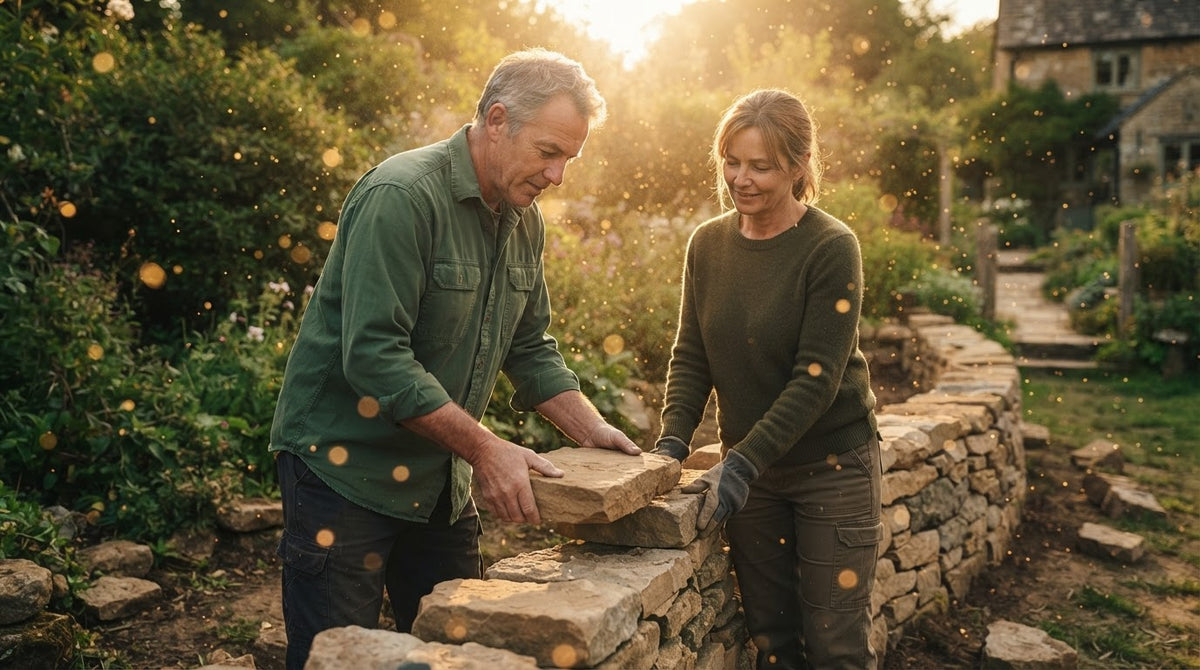 Mann um die 55 und Frau um die 50 setzen an einem milden Frühlingstag gemeinsam eine Trockenmauer im Garten