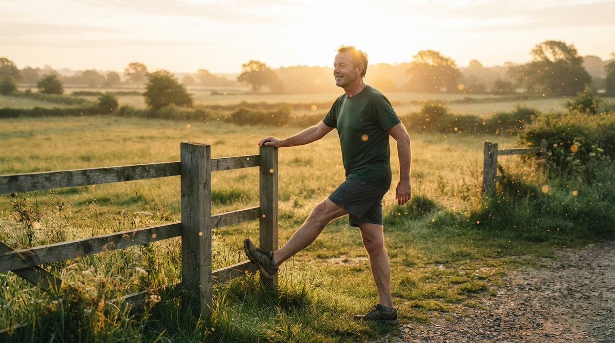 Mann um die 55 dehnt nach dem Morgenlauf an einem Weidezaun seine Wade