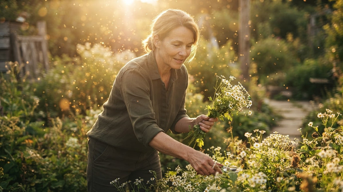 Frau um die 50 schneidet an einem Frühsommermorgen im Garten Mutterkraut-Blüten