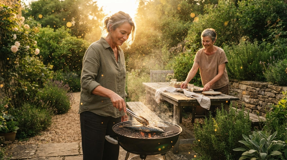 Frau um die 55 grillt an einem Sommerabend im Garten frische Makrelen, dahinter deckt eine Freundin den Tisch