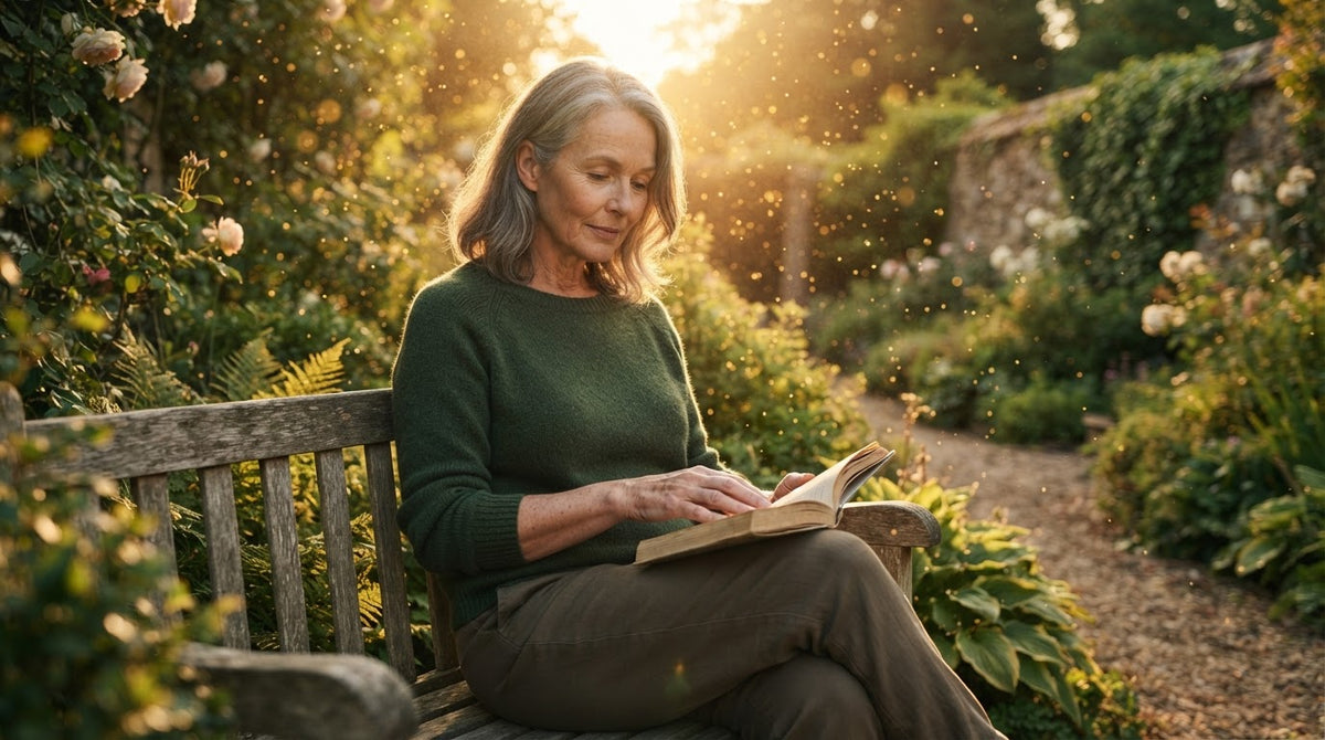 Frau um die 50 liest konzentriert auf einer Holzbank im abendlichen Garten