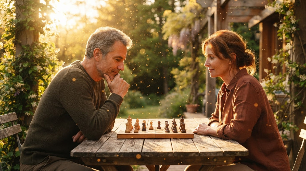 Mann und Frau um die 50 spielen konzentriert Schach an einem Holztisch auf der sonnigen Terrasse
