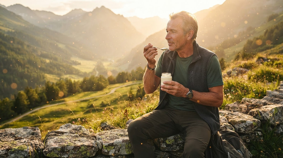 Mann um die 55 macht bei einer Bergwanderung Rast auf einer Steinmauer und isst Naturjoghurt aus einem Glas
